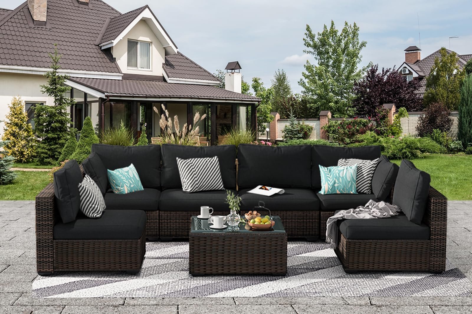 7 Patio Outdoor Furniture Wicker Sectional Sofa Couch Lawn Sectional, Black