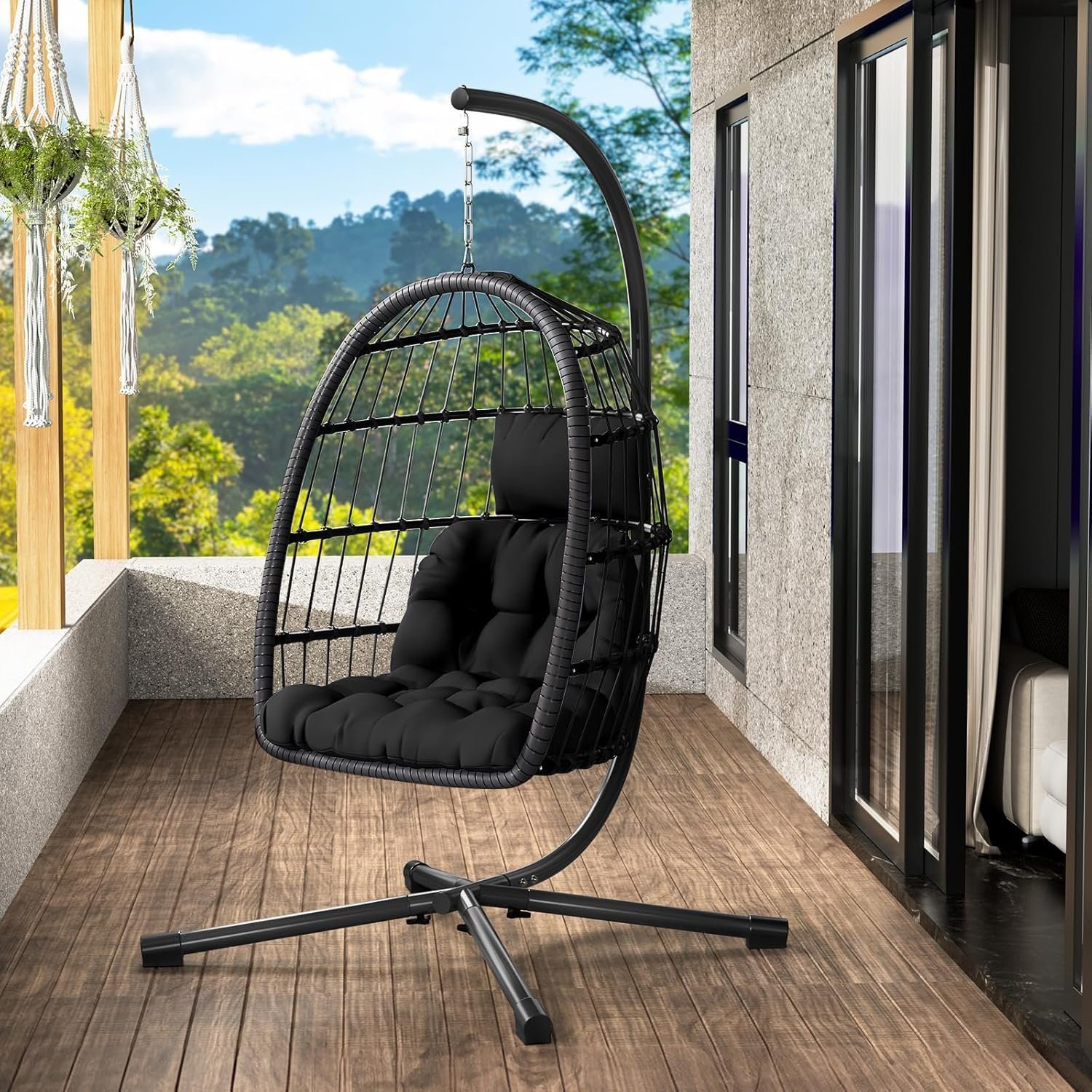 Black Patio Rattan Wicker Hanging Swing Egg Chair Hammock Chair